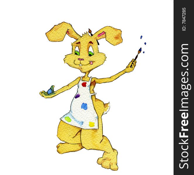 Watercolor spot illustration of the Easter Bunny painting an Easter Egg.