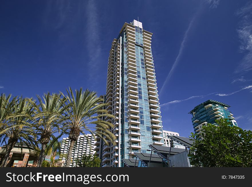 High rise Condo Tower against a blue sky. High rise Condo Tower against a blue sky