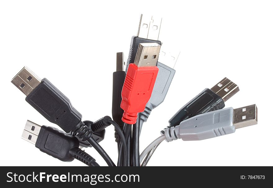 Bunch of usb cables, isolated on white