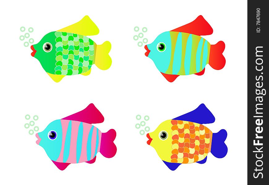 Four tropical multicoloured fishes design elements. Four tropical multicoloured fishes design elements