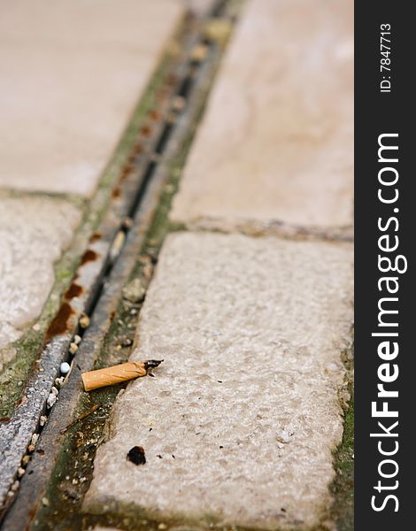 A spent cigarette lying on the ground