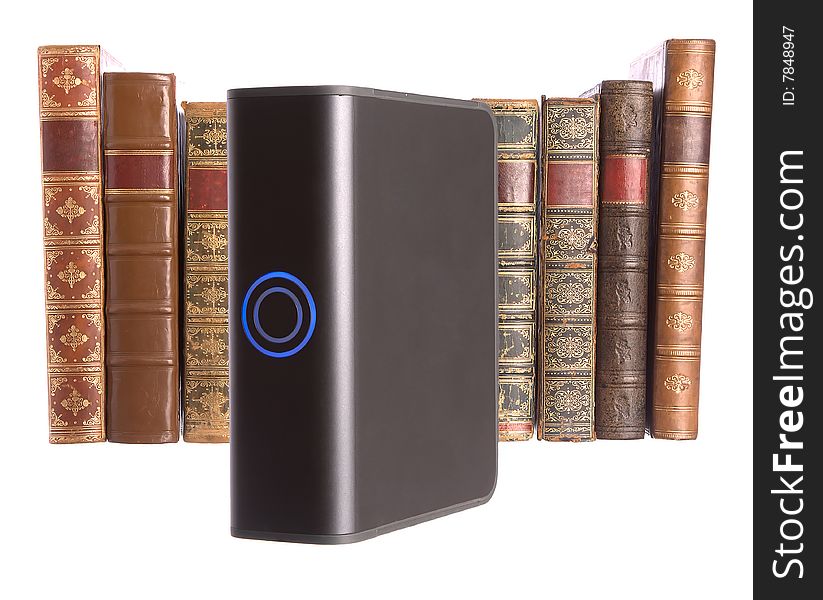 Old leather bound books and hard drive isolated on a white background