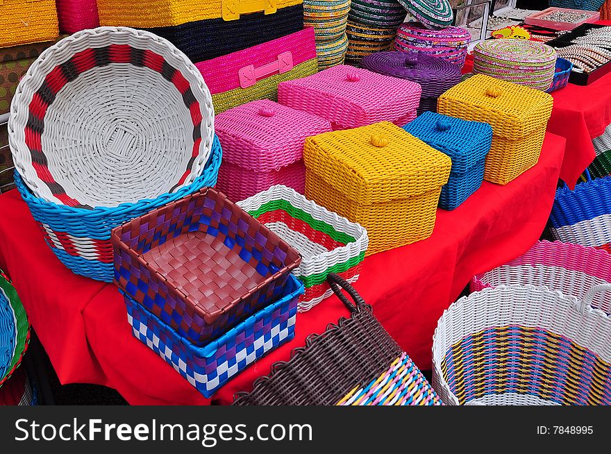Colorful woven baskets on display. Colorful woven baskets on display