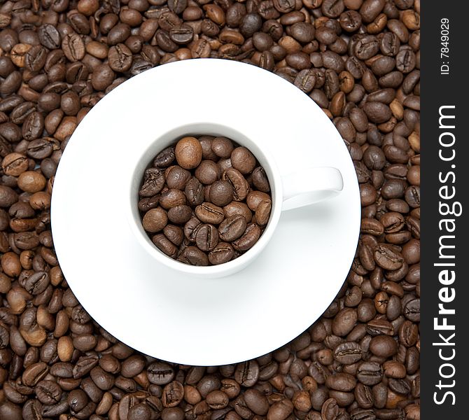 Background with white cup and coffee beans - square format