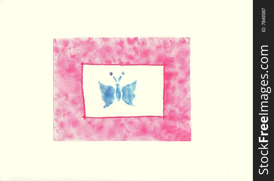 A blue butterfly in a pink frame against a white background.