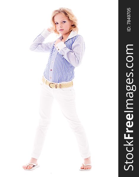 A blue fashion child showing her clothes on white. A blue fashion child showing her clothes on white