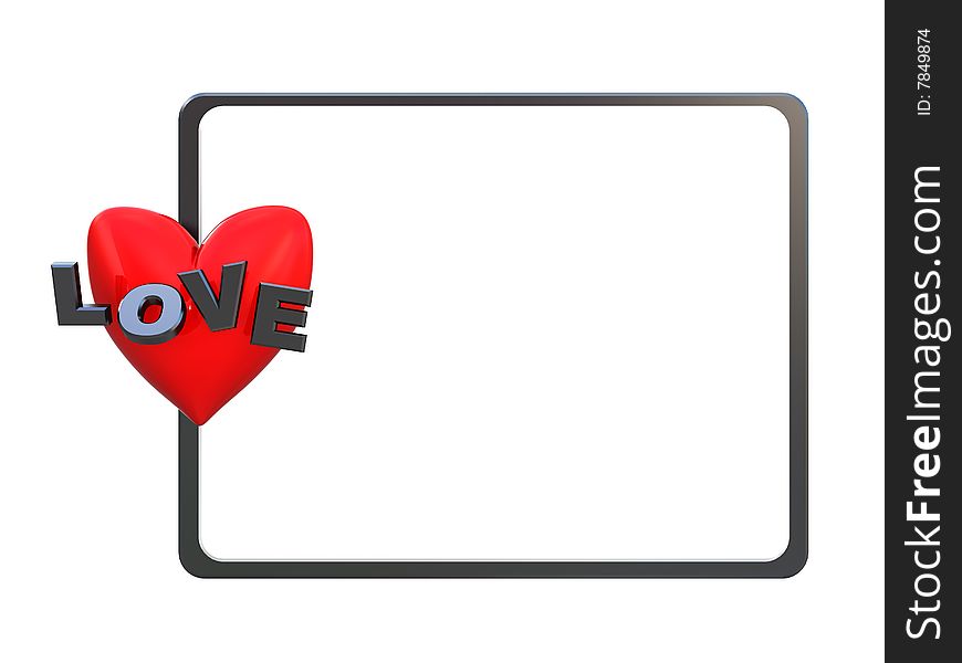 3d illustration of metal frame with heart and text 'love'. 3d illustration of metal frame with heart and text 'love'