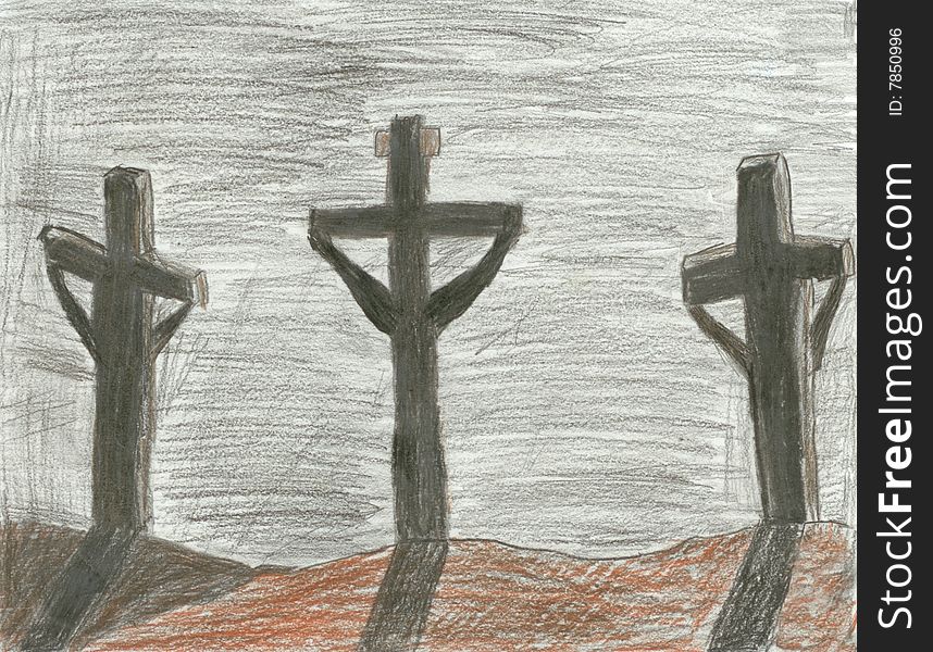 A sketch of the crucifixion done with colored pencils.