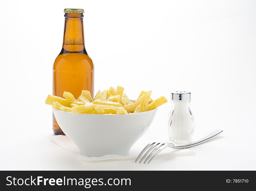 Bowl of homemade chips isolation on a white background