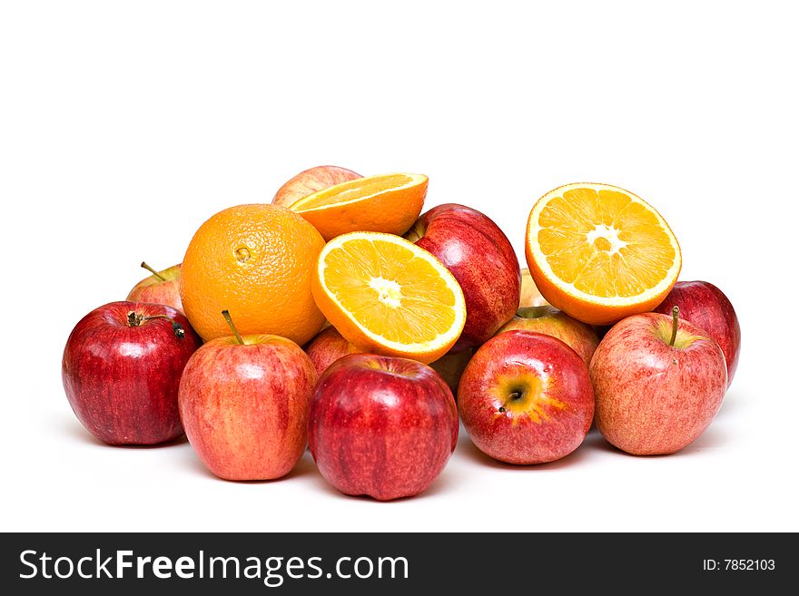 Oranges, apples, fruit on white background. Oranges, apples, fruit on white background.