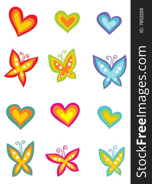 Vector set of color hearts and butterflies