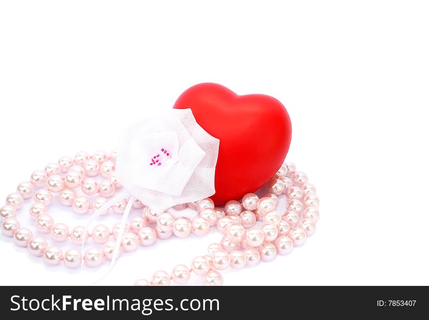 Red valentine heart,white ribbon,pink pearls.