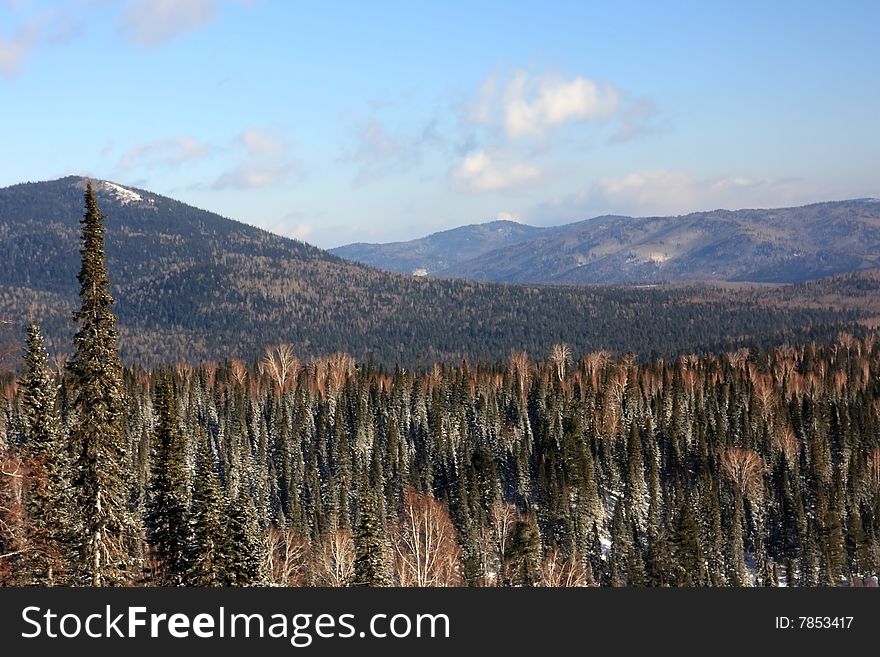 Mountain landscape. Mountain Shoriya. Sheregesh. Russia.