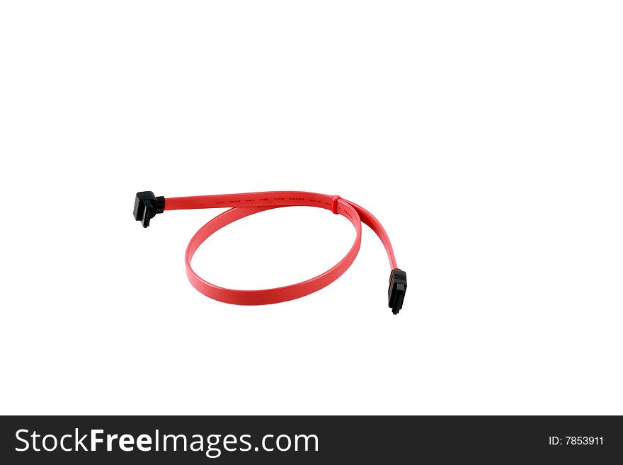 Red SATA cable angle on right and isolated on white background. Red SATA cable angle on right and isolated on white background