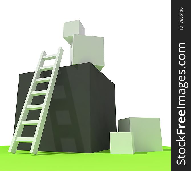 3d White Ladder and Black Box on Green Ground. 3d White Ladder and Black Box on Green Ground