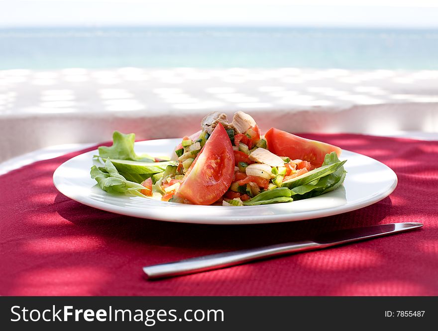 Salad at red tablecloth with sunlight spots; restaurant in outdoors with sea view