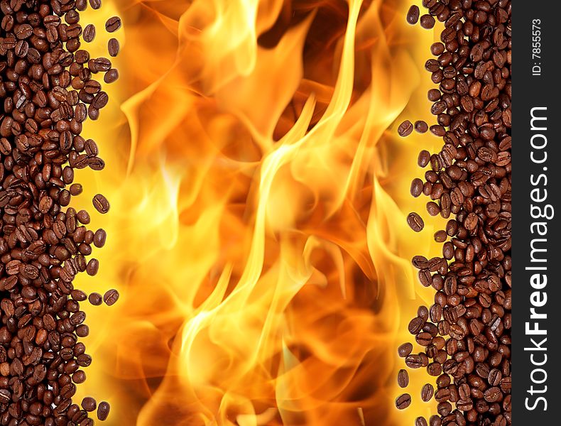 Coffee beans background with flame. Coffee beans background with flame