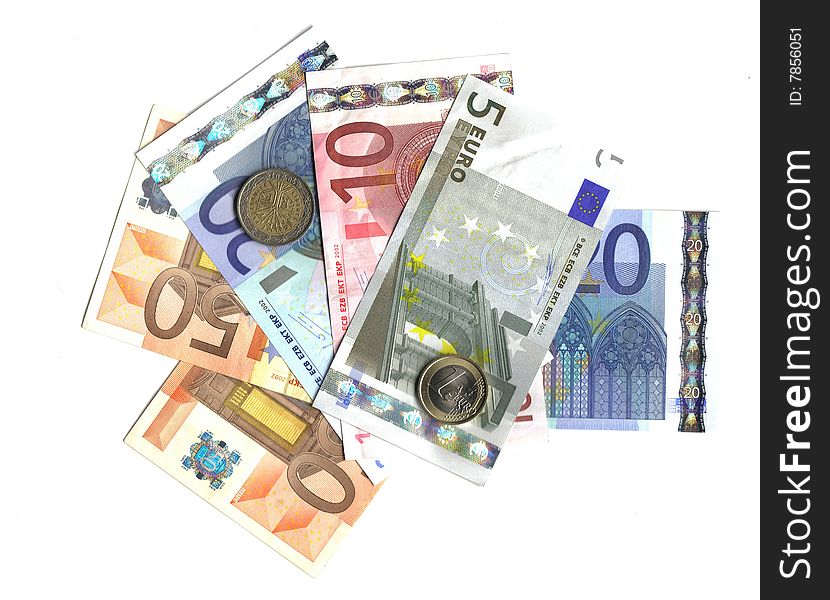 European coins and banknotes of different value. European coins and banknotes of different value