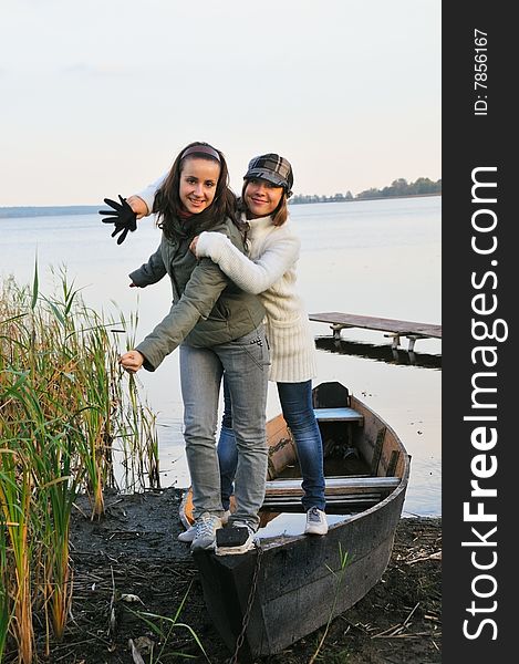 Two smile pretty girl on boat. Two smile pretty girl on boat