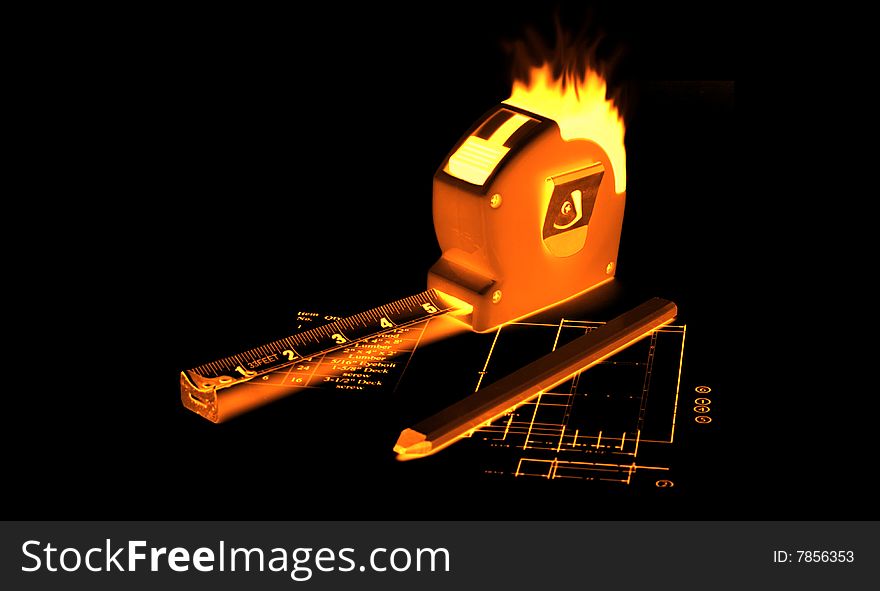 Flaming hot tape measure burning with fire. Flaming hot tape measure burning with fire