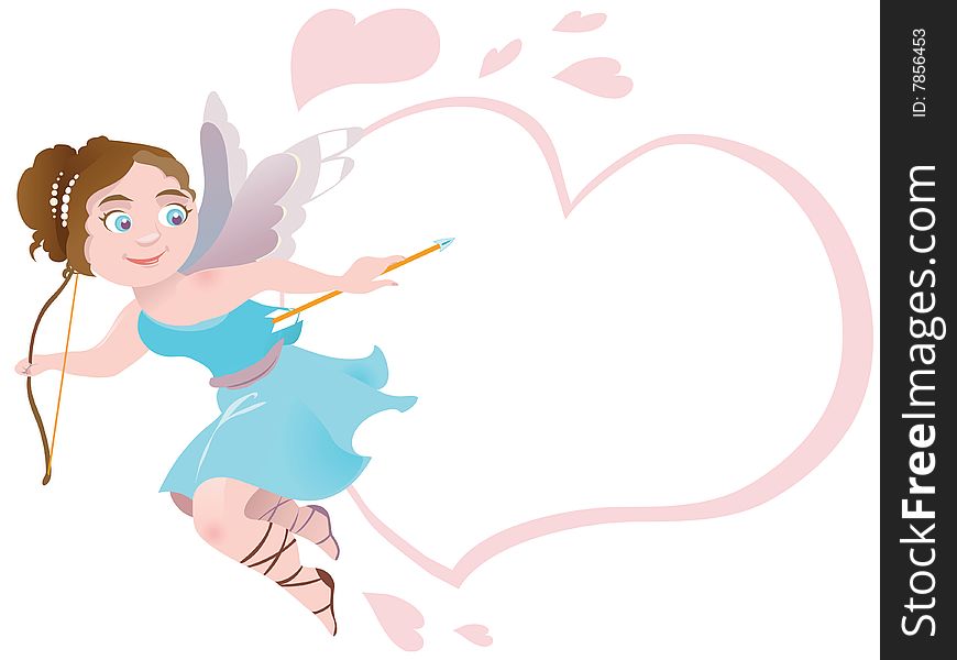 An angel with bow and arrow flying in view of an heart. An angel with bow and arrow flying in view of an heart