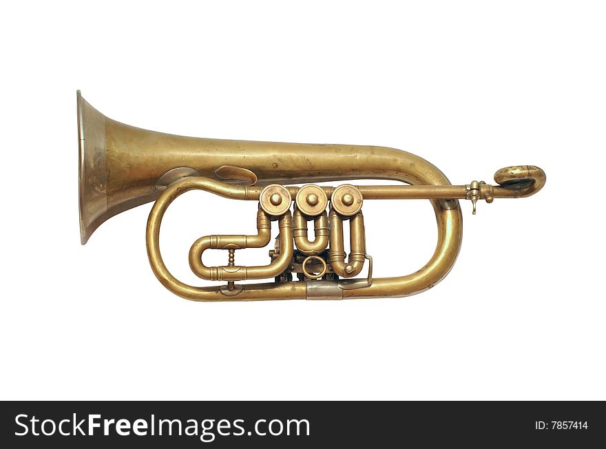 Old vintage trumpet isolated over white. Old vintage trumpet isolated over white
