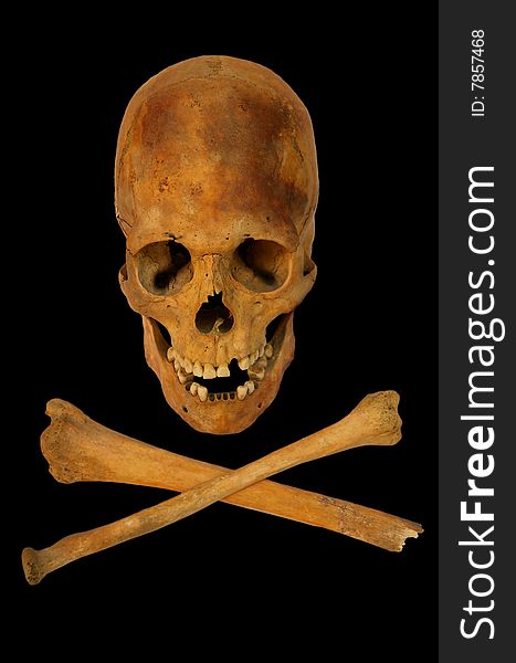 Old prehistoric human skull isolated over black