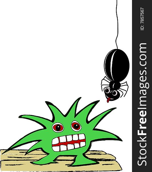 Illustration of a Green monster with Friendly black spider