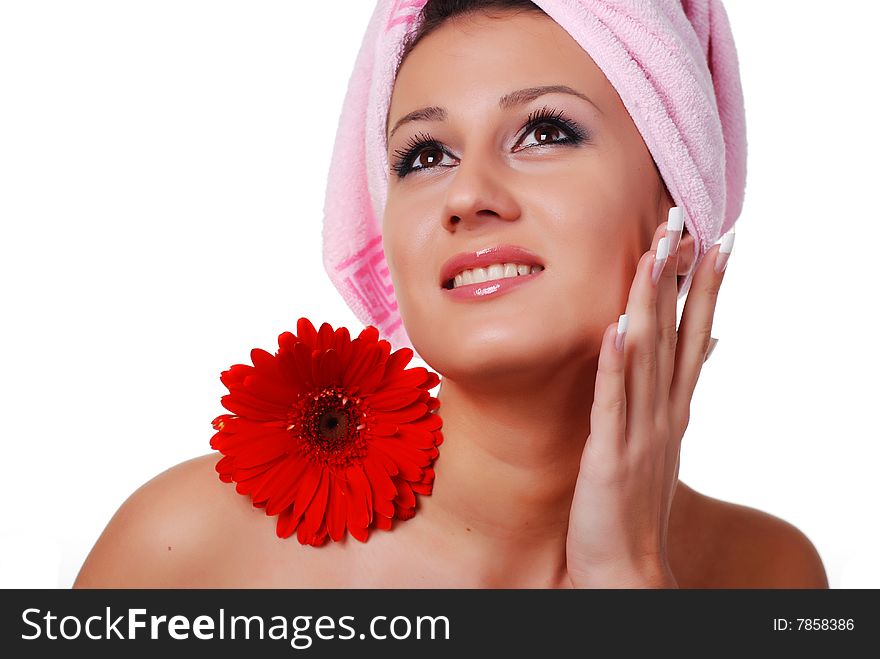 Portrait of woman in pink towel on her head. Portrait of woman in pink towel on her head