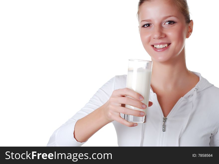 Young woman with glass of milk on white bacground