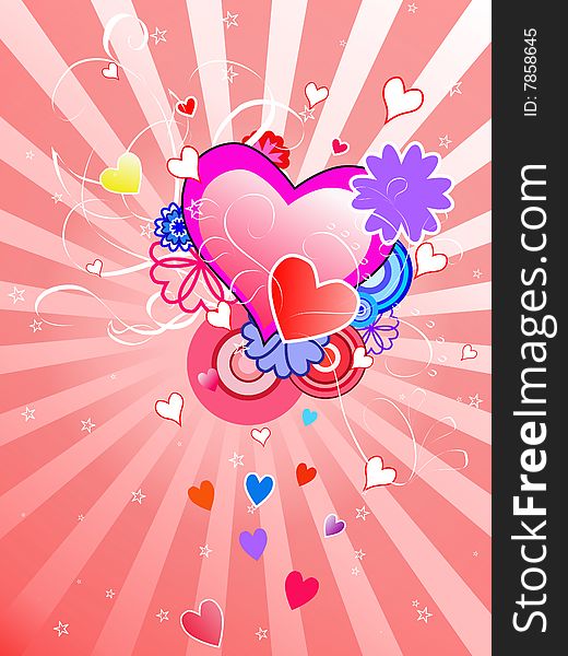 St.Valentine's Day background with hearts and pink rays