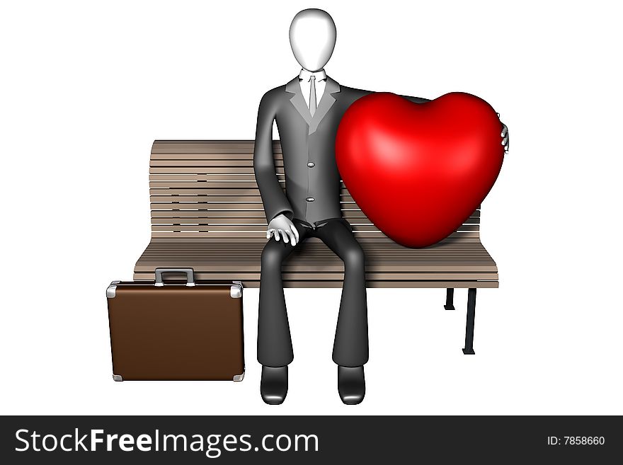 3d illustration of businessman sitting alone on a bench with a huge heart next to him front view isolated on white background. 3d illustration of businessman sitting alone on a bench with a huge heart next to him front view isolated on white background