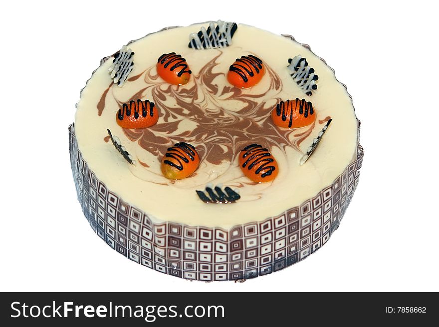 Cream cake with chocolate and tangerines isolated on white background with work path