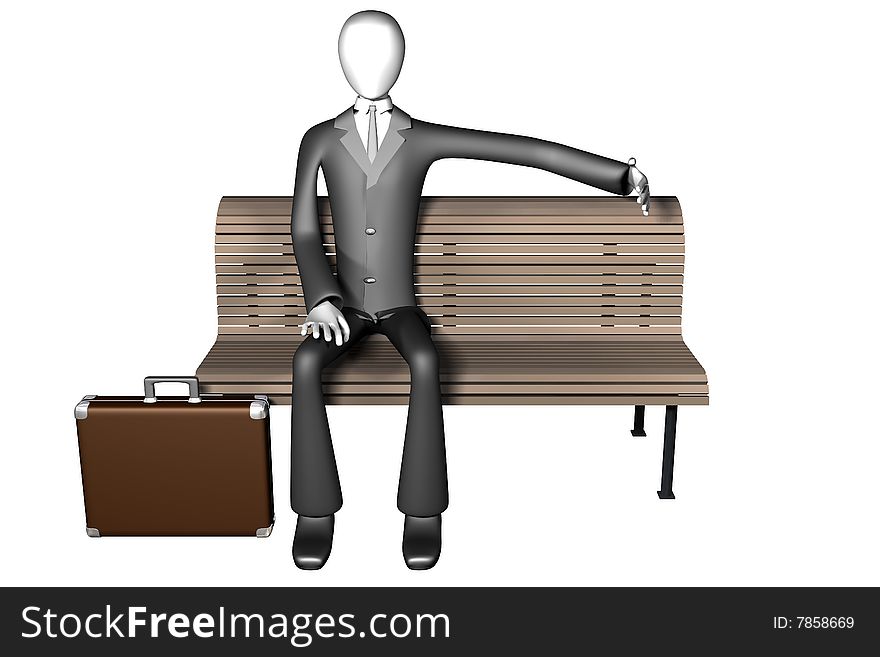 3d illustration of businessman sitting alone on a bench with a space next to him. front view isolated on white background