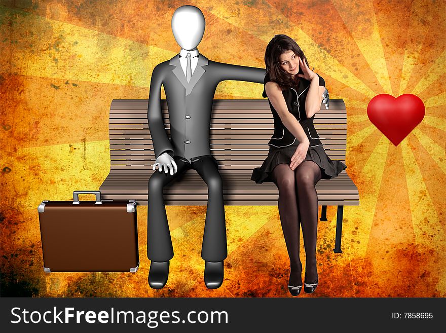 3d illustration of businessman sitting alone on a bench with a shy girl next to him and heart on vintage background front view. 3d illustration of businessman sitting alone on a bench with a shy girl next to him and heart on vintage background front view