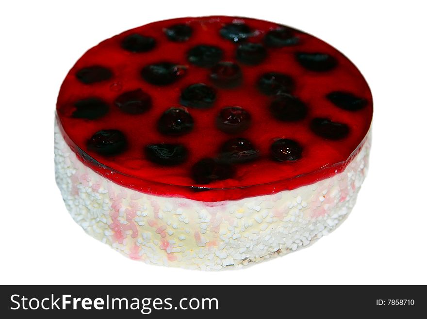 Cream cake decorated with cherry jam icing isolated. Cream cake decorated with cherry jam icing isolated