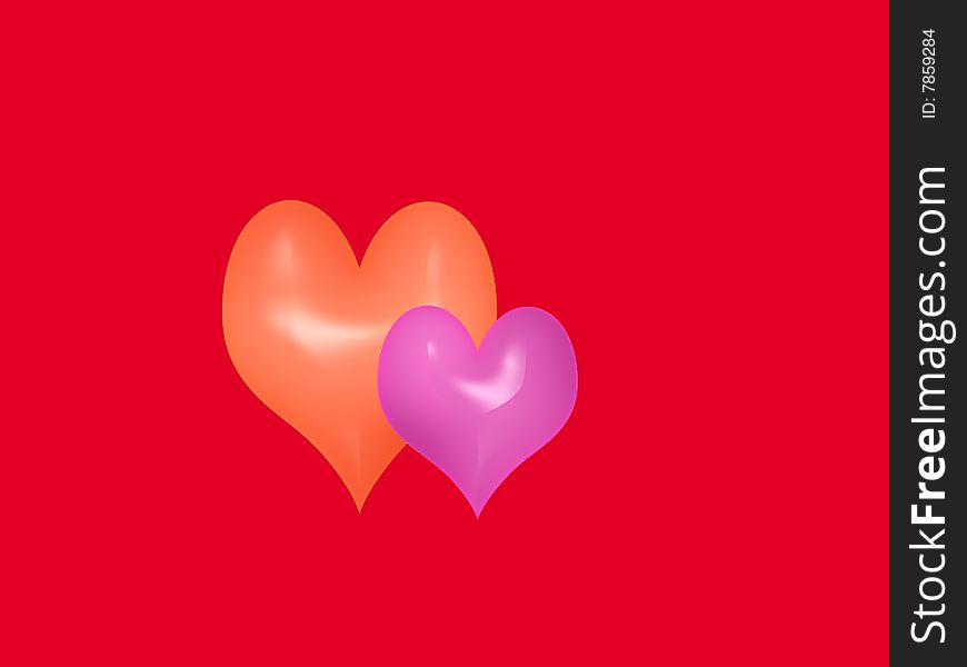 Red background and two shining hearts. Red background and two shining hearts