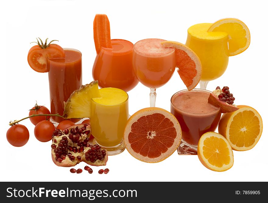 Glasses of fresh juice from different fruit isolated on a white background. Glasses of fresh juice from different fruit isolated on a white background