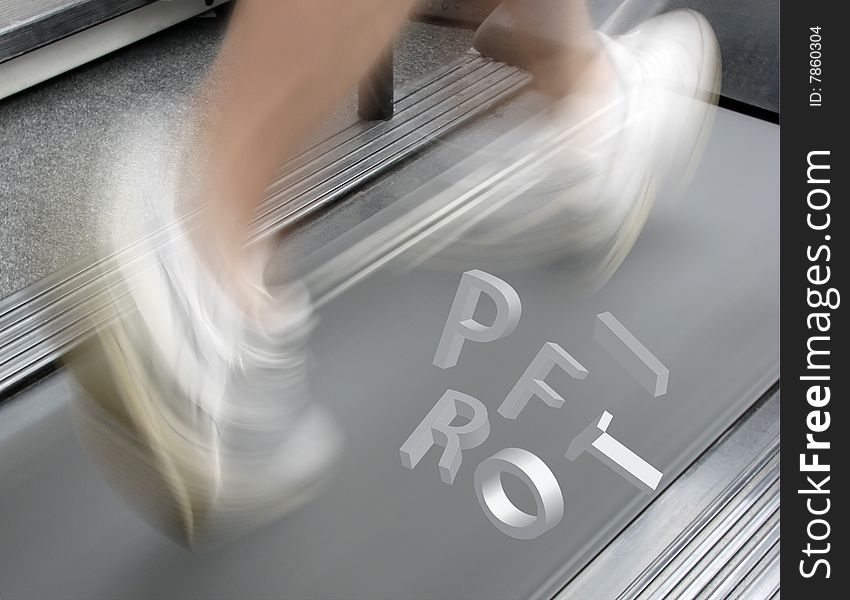 Letters spelling profit hover over man on treadmill. Letters spelling profit hover over man on treadmill