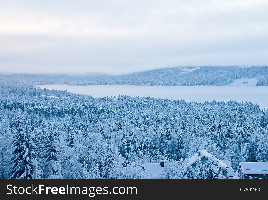 Rural forested valley with everything covered by snow and frost. Norway, December. Rural forested valley with everything covered by snow and frost. Norway, December