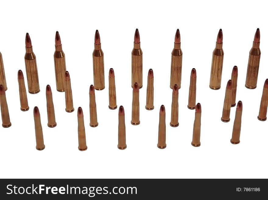 Ammunition all in rows on a white background. Ammunition all in rows on a white background