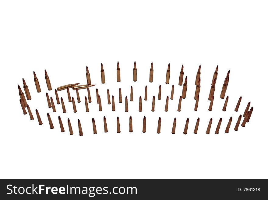 Ammunition all in rows on a white background with copyspace. Ammunition all in rows on a white background with copyspace