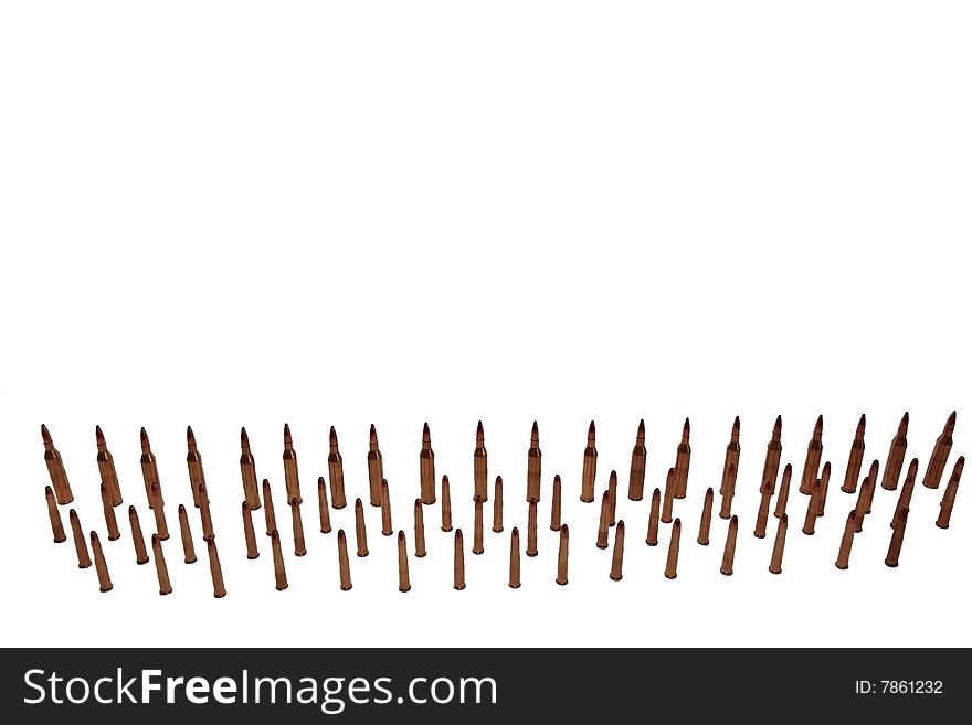 Ammunition all in rows on a white background with copyspace. Ammunition all in rows on a white background with copyspace