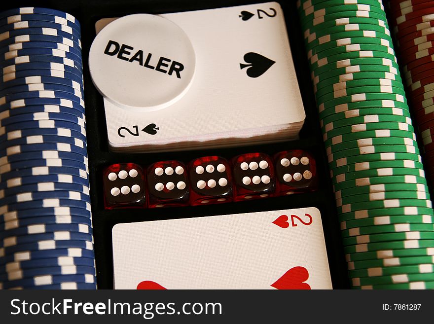 Poker chips, dice, cards, dealar chip. Poker chips, dice, cards, dealar chip