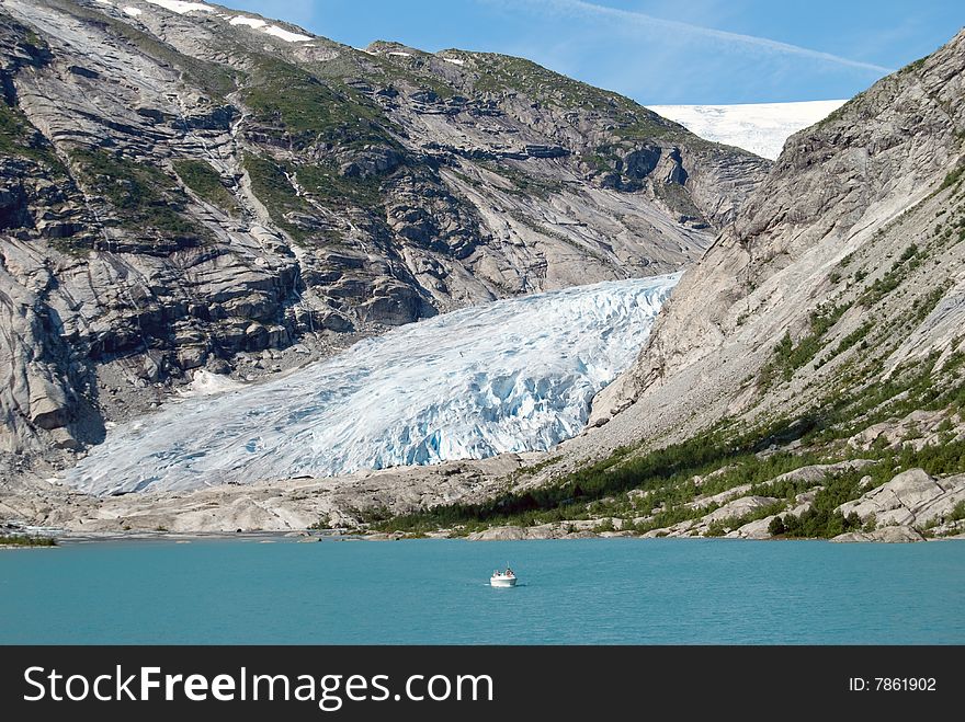 Glacier And Glacial Lake In Norway