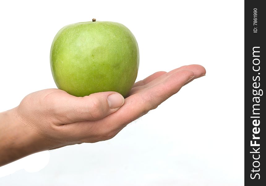 Hand with apple  isolated on white background