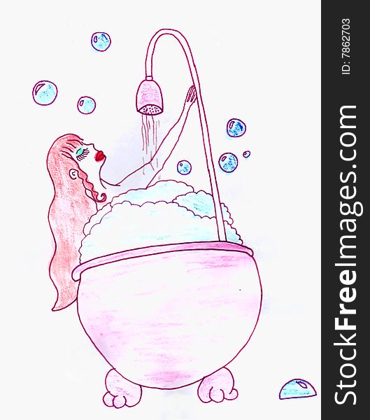 Watercolor painting I made of whimsical female taking a bubble bath in a clawfoot tub. Watercolor painting I made of whimsical female taking a bubble bath in a clawfoot tub.