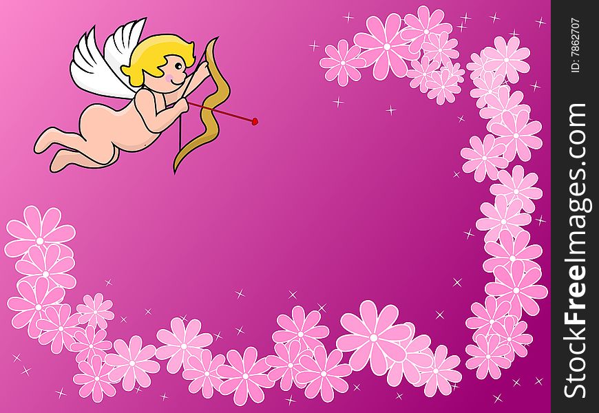 Cupid on a pink  background with  sparks and flowers
