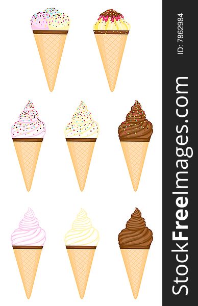 Waffle ice cream set of  illustrations