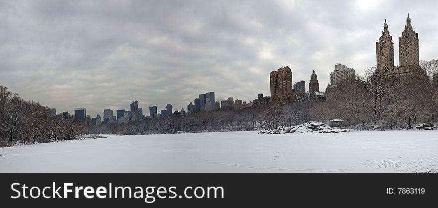 Central Park - New York City at lake after snow storm